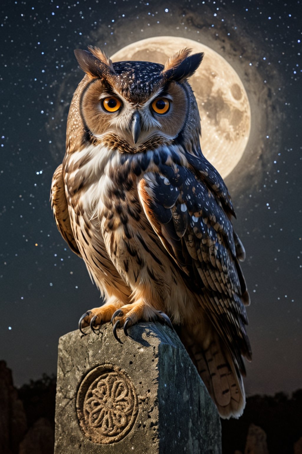 hyper realistic, a giant owl with celestial patterns on its feathers, perched on an ancient stone monument under a starry night sky, mystical and serene atmosphere, soft moonlight