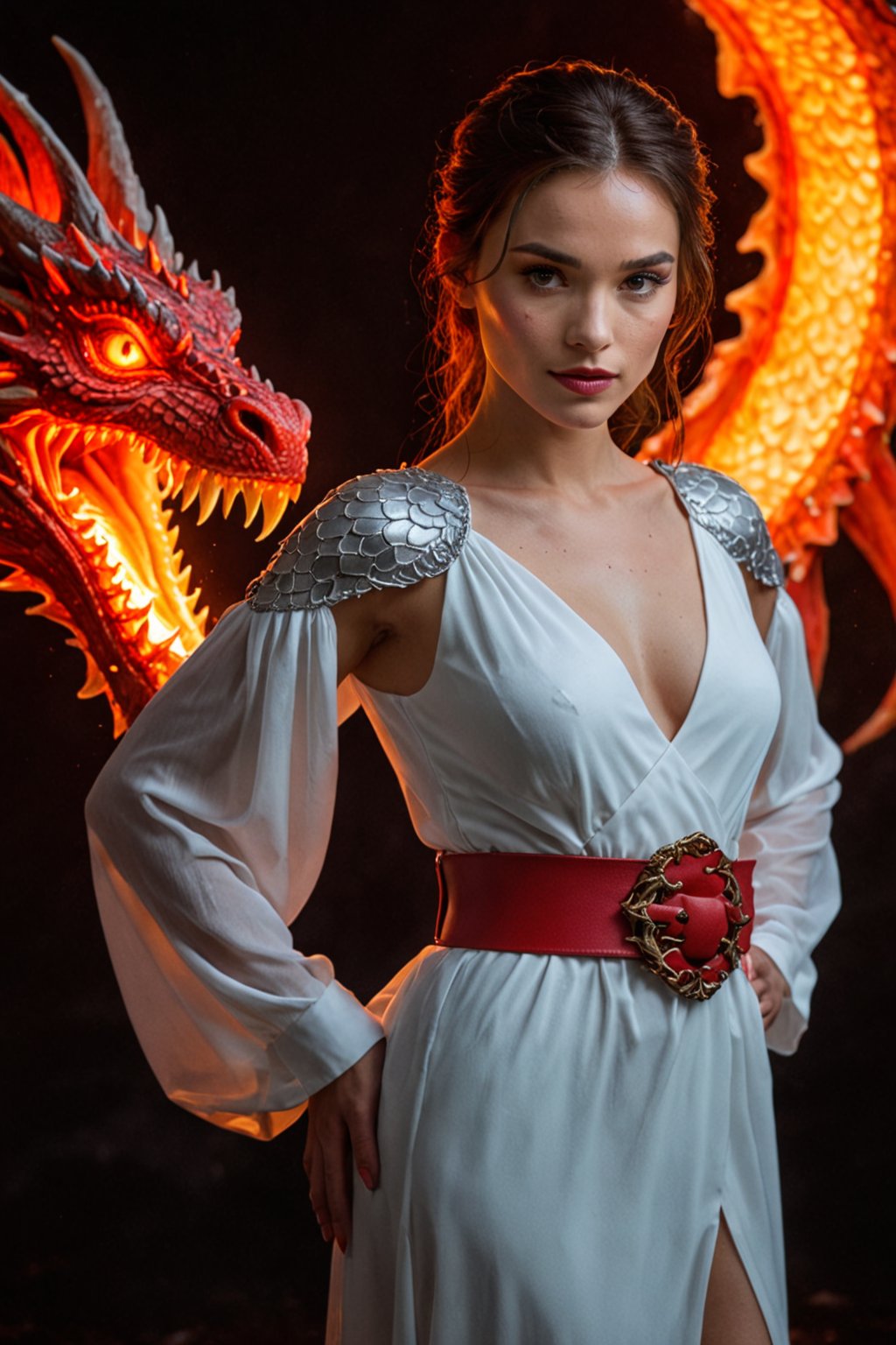 a woman in a white dress with a dragon on her shoulder and a red belt around her waist, standing in front of a dark background
glow
photography. Natural geographic photo. Hyper-realistic, 16k resolution, intricate details.
(masterpiece, award winning artwork)
many details, extreme detailed, full of details,
Wide range of colors, high Dynamic

sss, translucent, subsurface, scattering ice, 
 ,ice,More Reasonable Details