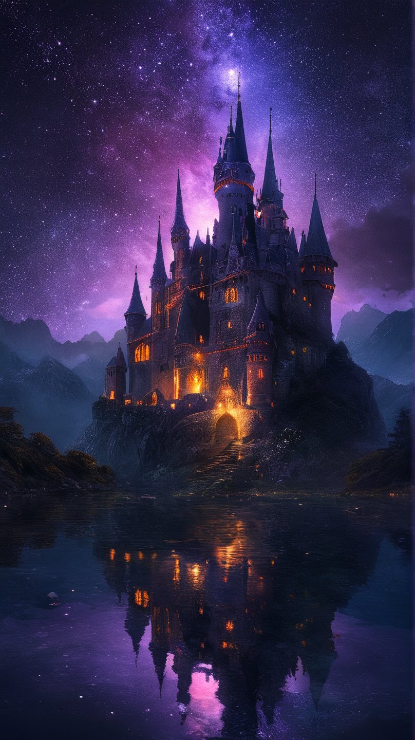 A fantasy scene of an enchanted castle with glowing windows and towers, set against a dark, starry sky.