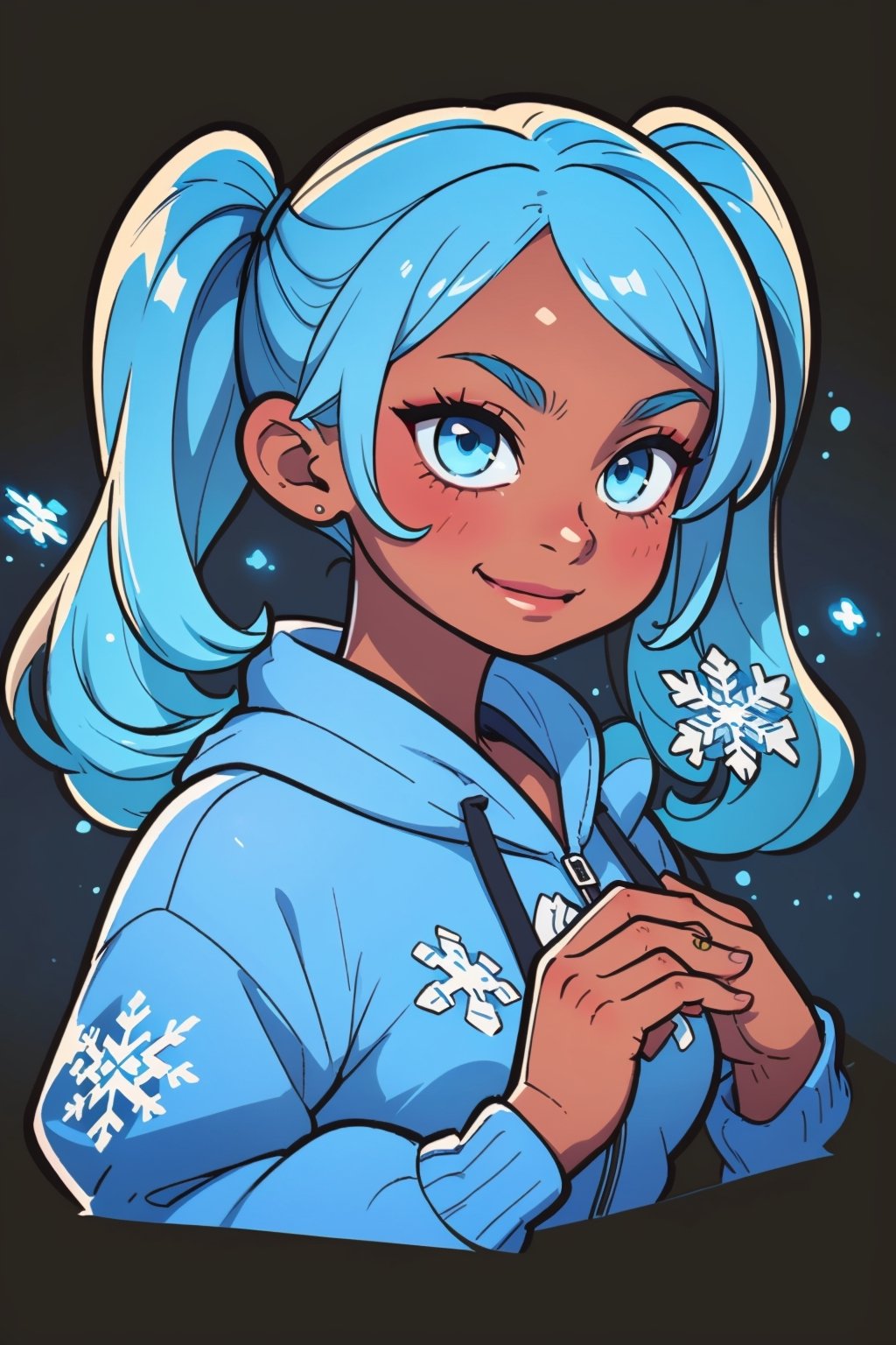 anime, illustration anime portrait, 

black woman, (((brown skin))), african american, light blue hair, pigtails, long blue straight hair, 20 years old, dark skin, brown skin, captivating, pretty, detailed eyes, cute, shine

looking at viewer, blue eyes, detailed hands, shiny skin, blue sweatshirt with a white logo in the center, snowflake decorations, blushy face, happy, smile, bright glow, dark background

good line art, masterpiece, detailed, abstract background, high quality, 16k, drawing, high_res, semi-realistic, agawa, fantasy00d, best quality,