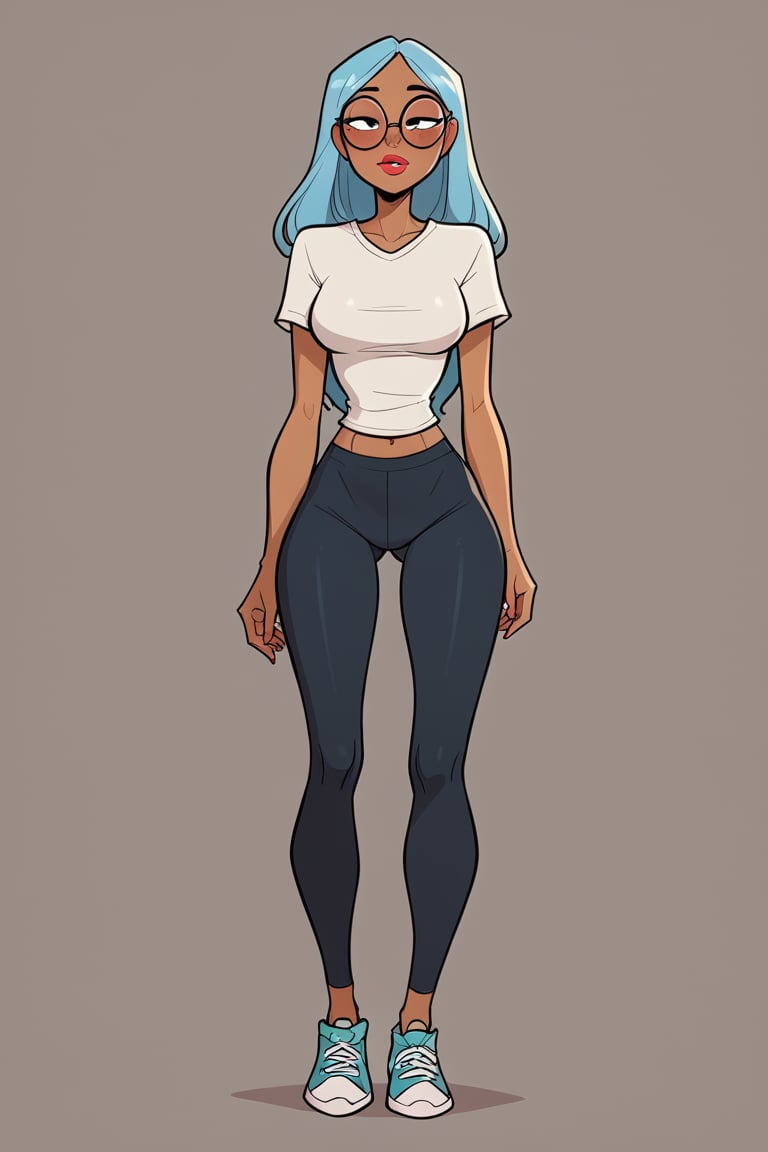 score_9, score_8_up, score_7_up, score_6_up, score_5_up, score_4_up, rating_explicit, source_webcomic, Jabstyle, detailed image, (long legs:1.4), thigh gap, (((brown skin))), woman, light blue hair, long hair, black eyes, nice hips,

outfit : t-shirt, pants, leggings, sneakers

Makeup prompts : lipstick, half-closed eyes, blush

Slim face, glasses, huge eyes, nice thighs, cartoon, 

Simple background, full body view