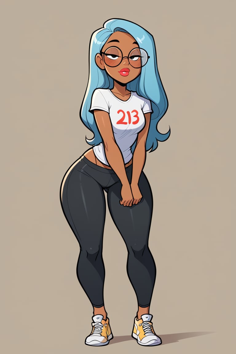 score_9, score_8_up, score_7_up, score_6_up, score_5_up, score_4_up, rating_explicit, source_webcomic, Jabstyle, detailed image, long legs, thigh gap, (((brown skin))), 25 year old woman, light blue hair, long hair, black eyes, nice hips,

outfit : t-shirt, pants, leggings, sneakers

Makeup prompts : lipstick, half-closed eyes, blush

Slim face, glasses, huge eyes, nice thighs, cartoon, 

Simple background, full body view