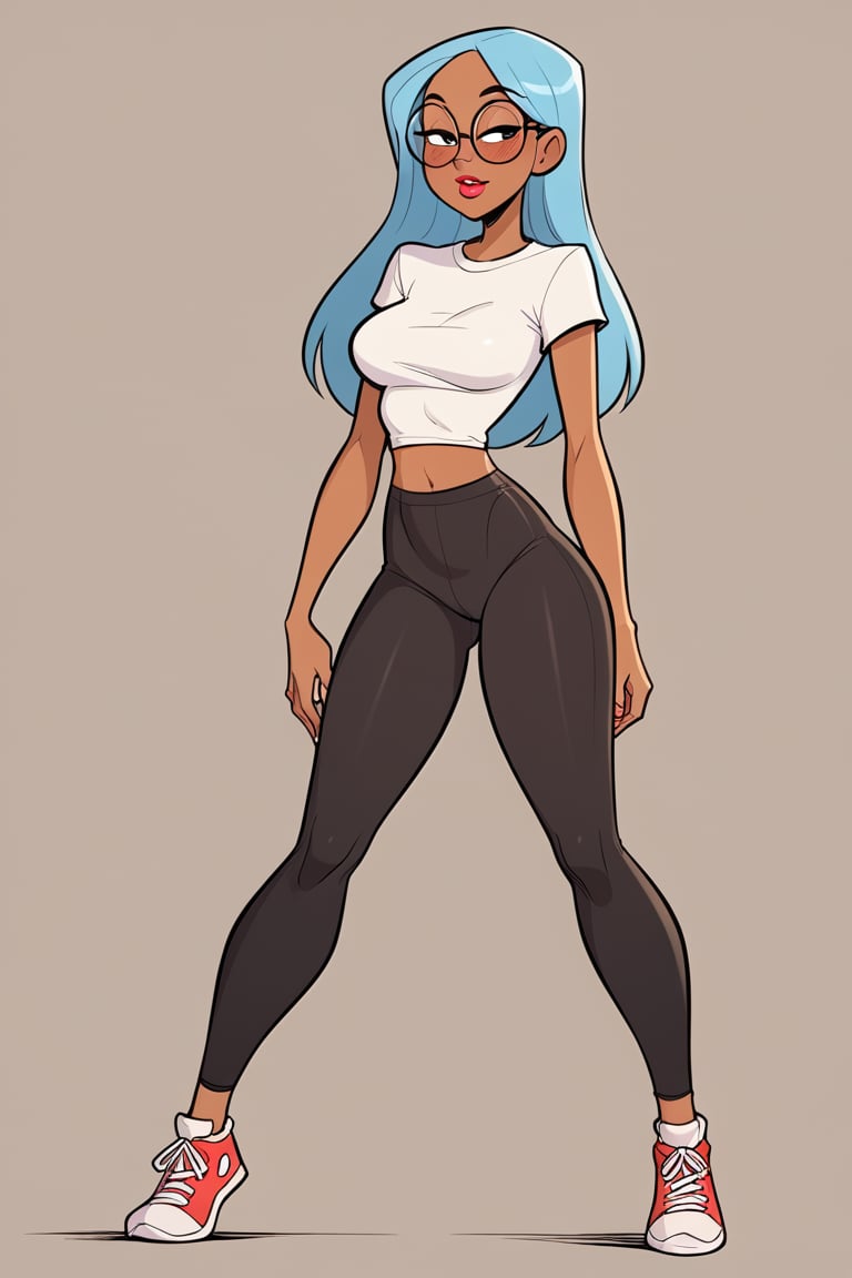 score_9, score_8_up, score_7_up, score_6_up, score_5_up, score_4_up, rating_explicit, source_webcomic, Jabstyle, detailed image, (long legs:1.4), thigh gap, (((brown skin))), woman, light blue hair, long hair, black eyes, nice hips,

outfit : t-shirt, pants, leggings, sneakers

Makeup prompts : lipstick, half-closed eyes, blush

Slim face, glasses, huge eyes, nice thighs, cartoon, 

Simple background, full body view