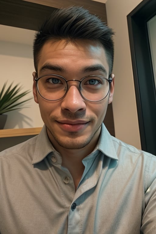 business man, A young man with short, jet-black hair and piercing blue eyes gazes directly at the viewer from a shallow depth of field, his closed mouth and intense expression exuding a sense of mystery. He wears modern glasses perched on the bridge of his nose, adding to his endearing yet enigmatic demeanor. The focus is solely on this one individual, bathed in warm indoor lighting that accentuates his striking features, smile, Taiwanese