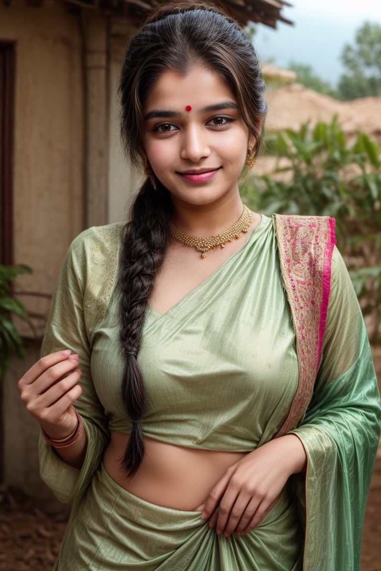 A young Indian girl with sparkling almond-shaped eyes and a playful smile, adorned in a colorful traditional dress with intricate patterns. She has long, dark hair tied in two neat braids and a small bindi on her forehead. Her lively demeanor and infectious laughter bring joy to everyone around her. She loves to dance to traditional music, share stories of her culture, and is always ready for an adventure with her friends
