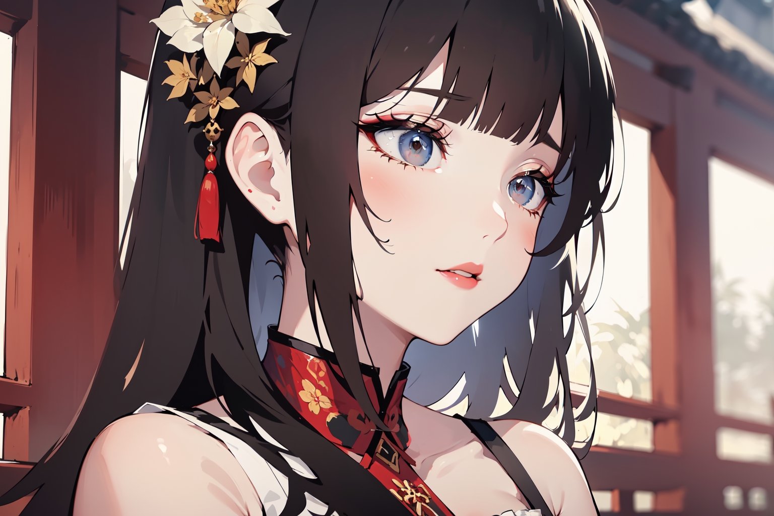 A serene Chinese watercolor-inspired portrait of a young girl with black hair, rendered in soft hues. The camera captures her delicate features in a 3/4 view, gazing upwards with an air of devotion and blurred background. Her porcelain-like complexion glows beneath the gentle, golden lighting of a shrine ritual. Intricate makeup adorns her eyelids, as if painted by the finest brushstrokes. ,3D