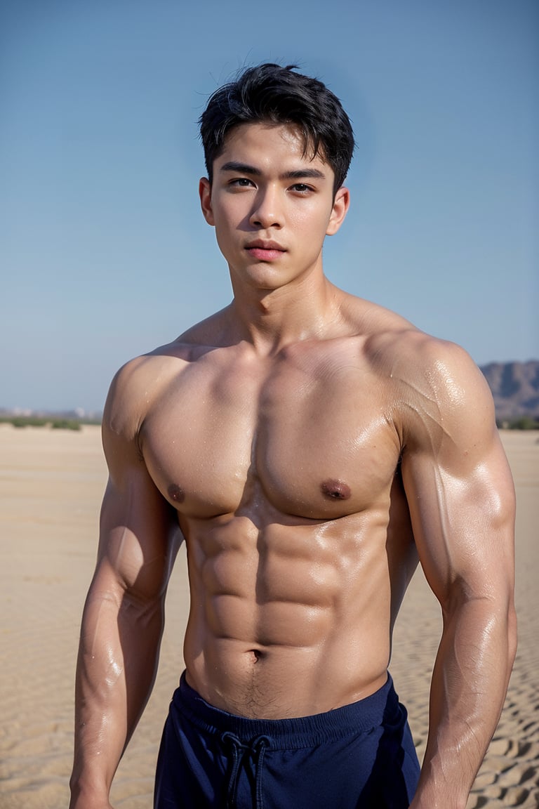 Handsome young man with Korean features, 29 years old, posing in a vast desert field against an endless blue sky horizon. He stands strong, (( showcasing his toned physique and six-pack abs and V-Cut ABS Muscles)) highlighting his healthy lips, Stubble, he have navel hairline looking  hot,Wide-Angle,Eye level angle photography,emphasizing upper body details and strict facial features,high-impact strictly face detail, lifelike person, extremely realistic, Flawlessly portrayed , close mouth 