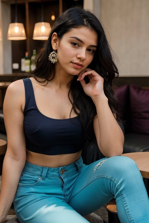 A confident Indian Instagram model sits amidst a luxurious restaurant's daytime ambiance, enjoying warm coffee, surrounded by people. Her long black hair glistens in the radiant glow, wearing stylish transparent blue top and blue pants, adding depth and dimension to the frame. She savors warm coffee with friends, modern earrings catch the light as she turns, her dark locks a striking contrast against the kaleidoscope colors.