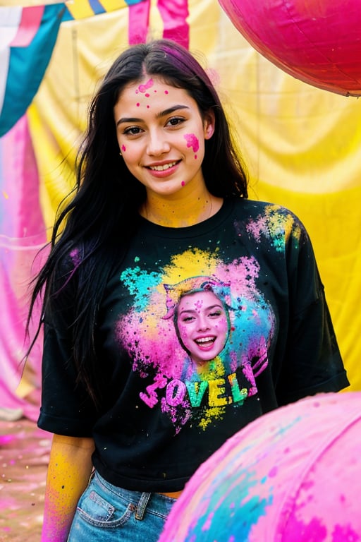  Lovely cute  acute an Instagram model 22 years old, full-length, long black_hair, black hair,  holi festival celebration with friends and colours, wearing clothes full of colours, pony_tail, hair_tied, colour on both cheeks, full face, clothes and hairs.