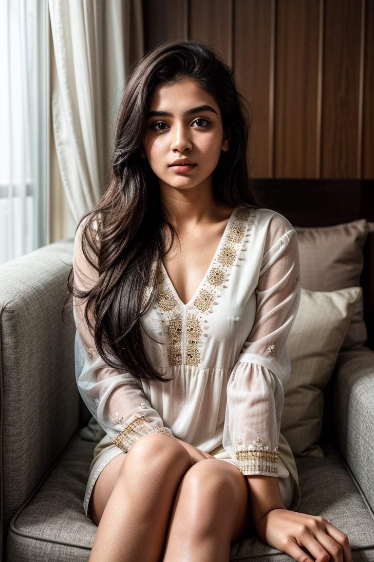 beautiful cute young attractive girl indian, teenage girl, village girl,18 year old,cute, instagram model,long black hair . Envision a Pakistani girl in a beautiful white shalwar kameez, seated elegantly in a luxurious hotel lounge, her chest subtly emphasized, exuding confidence and grace Paperwork, intricate paper cutting with layered textures and delicate patterns, --ar 16:9 --v 5