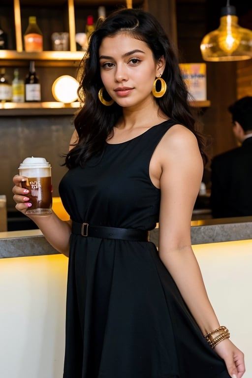 Confident Indian Instagram model dances amidst pulsating pub disco lights, her black hair. she enjoying warm coffee with friends in a modern setting of luxurious restraunt at daytime . wearing a colourful dress, colorful dress, delicate patterns on paperwork, dazzeling earrings, matching with the vibrant brightness of the scene. Her dark hair adds depth and dimension against the colorful backdrop.