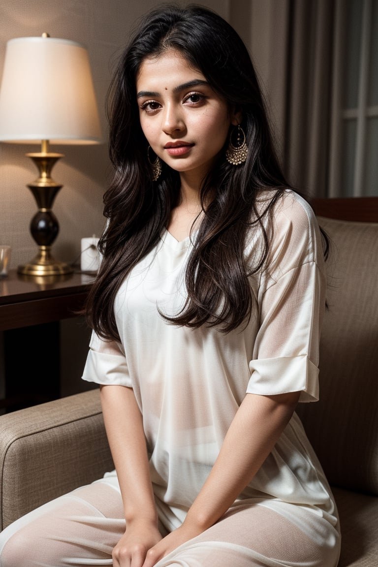 beautiful cute young attractive girl indian, teenage girl, village girl,18 year old,cute, instagram model,long black hair . Envision a Pakistani girl in a beautiful white shalwar kameez, seated elegantly in a luxurious hotel lounge, her chest subtly emphasized, exuding confidence and grace, adorned with exquisite jewelry including dangling earrings, Paperwork, intricate paper cutting with layered textures and delicate patterns, --ar 16:9 --v 5