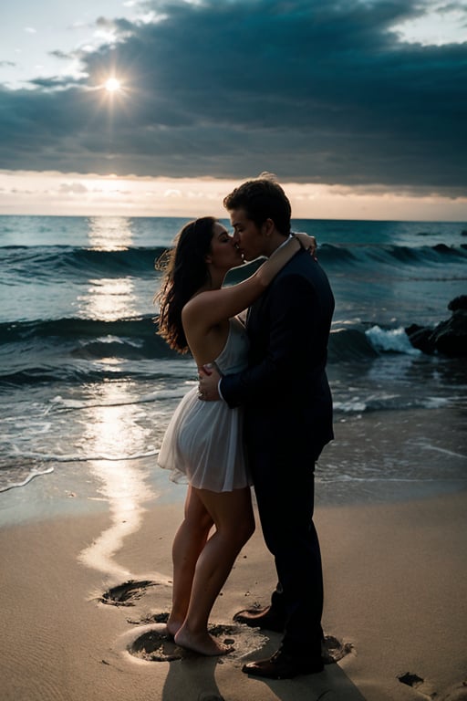 A gentle breeze sweeps across the deserted beach, carrying the scent of salt and the sound of crashing waves. The moon hangs low in the sky, casting a silver glow over the sand. Sarah and Jack stroll hand in hand along the water's edge. Their footsteps leave imprints in the wet sand, marking the passage of time. As they reach a secluded spot, Jack stops and turns to face Sarah. He cups her face in his hands, his eyes speaking volumes of love and longing. Sarah gazes back at him, her heart pounding in her chest. She reaches up and brushes a stray strand of hair from his forehead, a silent gesture of affection. Without a word, Jack pulls Sarah into his arms, holding her close as they sway to the rhythm of the ocean. Their bodies move as one, a silent dance of passion and desire. In that moment, surrounded by the beauty of the night, they share a connection that transcends words. Their love speaks volumes in the silence, echoing in the depths of their souls. As the stars shimmer overhead, Sarah leans in and presses her lips to Jack's, sealing their love in a silent serenade that echoes through the night.
