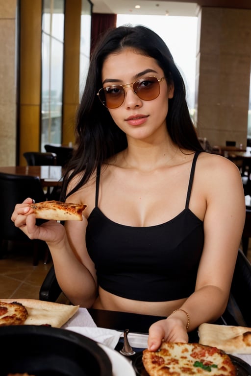  Lovely cute  acute an Instagram model 22 years old, full-length, long black_hair, black hair, winter, eating pizza with friends in hotel in  mumbai india ,wearing hot red top , black sunglasses on eyes indian