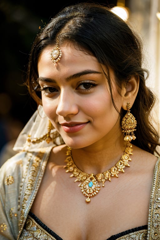 (best quality,4k,8k,highres,masterpiece:1.2),ultra-detailed,(realistic,photorealistic,photo-realistic:1.37),beautiful indian woman,close-up portrait,expressive eyes,long eyelashes,radiant smile,vibrant traditional attire,ornate jewelry,soft and glowing skin,subtle makeup,intricate henna design,graceful pose,golden hour lighting,colorful background,ethereal beauty,warm color tones,bokeh