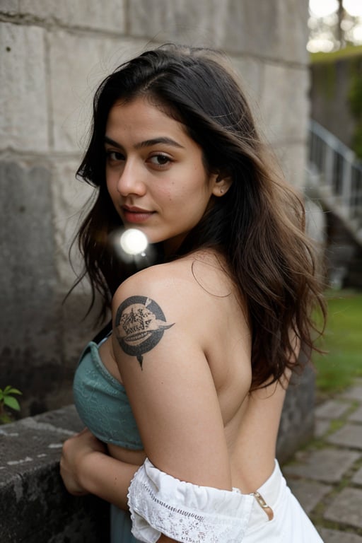 A stunning Nordic girl stands proudly against a moss concrete wall, bathed in warm sunlight. Her porcelain-doll complexion glows with a subtle sheen, showcasing realistic skin textures. Her striking features are framed by luscious locks of long, curly hair that cascade down her back like a golden waterfall.

Her piercing blue eyes, accentuated by thick lashes and defined eyebrows, seem to sparkle with an inner light. A scattering of freckles across the bridge of her nose adds to her natural beauty.

She wears a crisp white and grey Qatar Airways Chelsea football team jersey, emblazoned with the airline's logo on the chest. The black text and intricate design within the circle catch the eye, while Puma's jumping cat logo sits below. A sleeveless arm is visible, showcasing vibrant tattoos that dance across her skin.

The moss concrete wall behind her provides a lush, earthy backdrop, subtly textured to evoke a sense of aged stone.