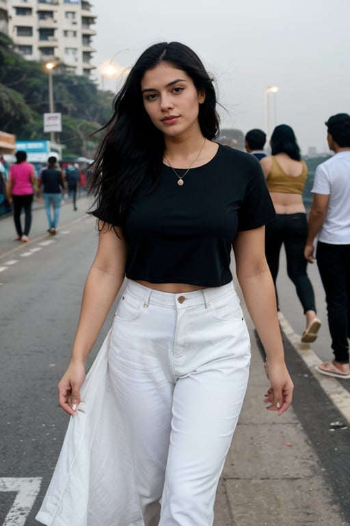  Lovely cute  acute an Instagram model 22 years old, full-length, long black_hair, black hair, winter, walking in marine drive mumbai india in morning wearing blue top and white lower with friends indian, crowded area