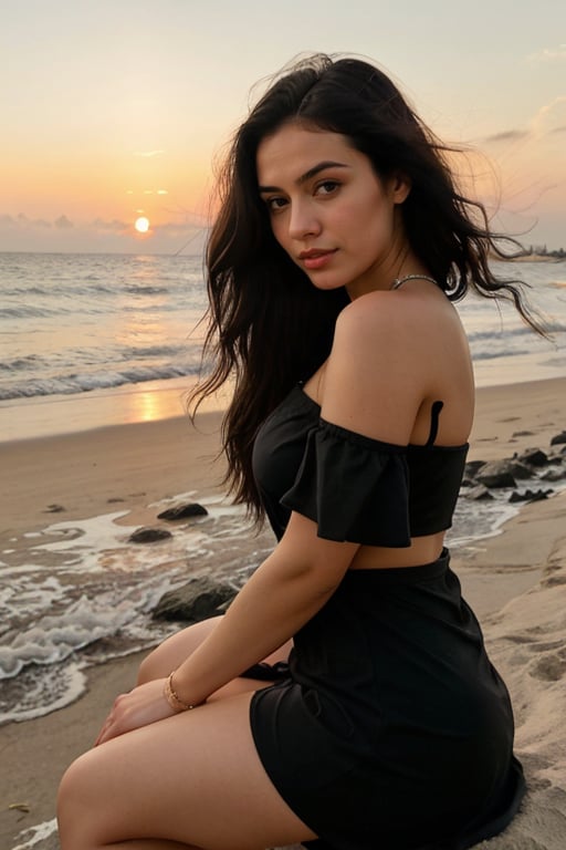  beautiful cute young attractive girl 22 year old, cute, instagram model,long black hair, taking selfie on beach, sunset view, wind blowing her messy hairs, sitting, one hand on hair, full confident, exotic beauty, full of attitude, wearing lemon dress.