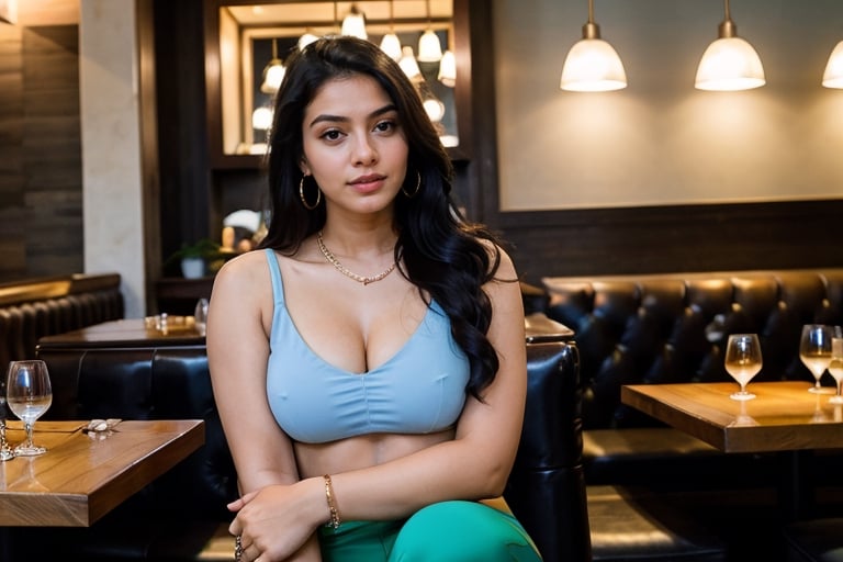 A confident Indian Instagram model sits amidst a luxurious restaurant's daytime ambiance, enjoying warm coffee, surrounded by people. Her long black hair glistens in the radiant glow, wearing stylish transparent light blue top and blue pants, She savors warm coffee with friends, modern earrings catch the light as she turns, 