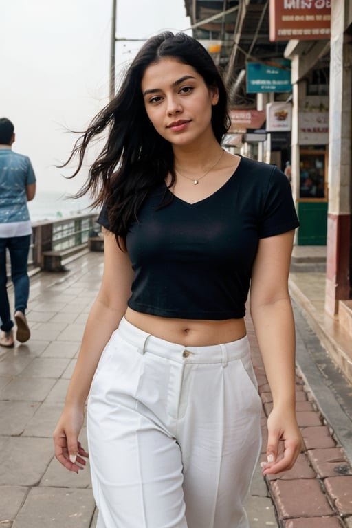  Lovely cute  acute an Instagram model 22 years old, full-length, long black_hair, black hair, winter, walking in marine drive mumbai india in morning wearing blue top and white lower with friends indian, crowded area