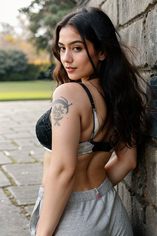 A stunning Nordic girl stands proudly against a moss concrete wall, bathed in warm sunlight. Her porcelain-doll complexion glows with a subtle sheen, showcasing realistic skin textures. Her striking features are framed by luscious locks of long, curly hair that cascade down her back like a golden waterfall.

Her piercing blue eyes, accentuated by thick lashes and defined eyebrows, seem to sparkle with an inner light. A scattering of freckles across the bridge of her nose adds to her natural beauty.

She wears a crisp white and grey Qatar Airways Chelsea football team jersey, emblazoned with the airline's logo on the chest. The black text and intricate design within the circle catch the eye, while Puma's jumping cat logo sits below. A sleeveless arm is visible, showcasing vibrant tattoos that dance across her skin.

The moss concrete wall behind her provides a lush, earthy backdrop, subtly textured to evoke a sense of aged stone.