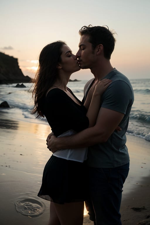 A gentle breeze sweeps across the deserted beach, carrying the scent of salt and the sound of crashing waves. The moon hangs low in the sky, casting a silver glow over the sand. Sarah and Jack stroll hand in hand along the water's edge. Their footsteps leave imprints in the wet sand, marking the passage of time. As they reach a secluded spot, Jack stops and turns to face Sarah. He cups her face in his hands, his eyes speaking volumes of love and longing. Sarah gazes back at him, her heart pounding in her chest. She reaches up and brushes a stray strand of hair from his forehead, a silent gesture of affection. Without a word, Jack pulls Sarah into his arms, holding her close as they sway to the rhythm of the ocean. Their bodies move as one, a silent dance of passion and desire. In that moment, surrounded by the beauty of the night, they share a connection that transcends words. Their love speaks volumes in the silence, echoing in the depths of their souls. As the stars shimmer overhead, Sarah leans in and presses her lips to Jack's, sealing their love in a silent serenade that echoes through the night.
