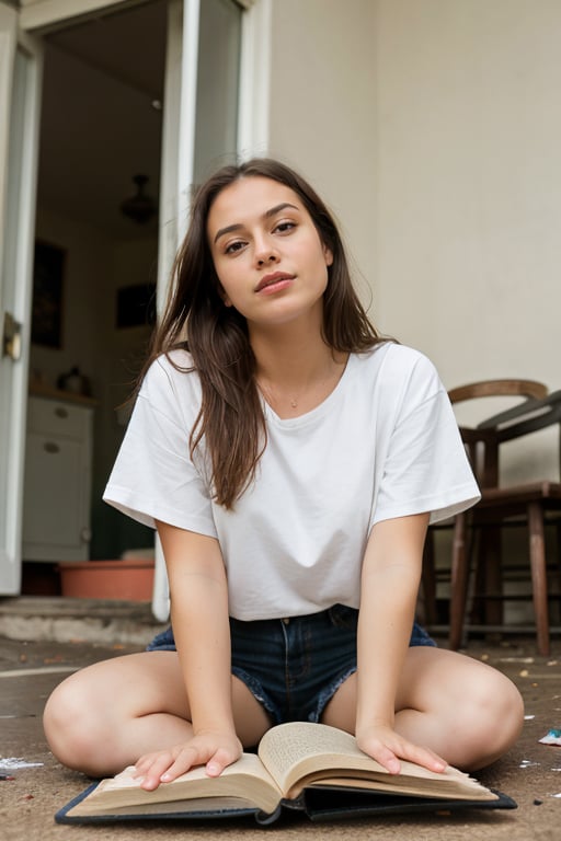 1girl, long hair, looking at viewer, brown hair, shirt, brown eyes, sitting, white shirt, upper body, short sleeves, parted lips, teeth, solo focus, indoors, blurry, lips, book, depth of field, ground vehicle, messy hair, open book, realistic, nose