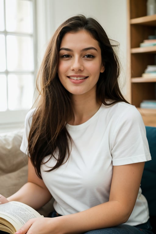 1girl, long hair, looking at viewer, brown hair, shirt, brown eyes, sitting, white shirt, upper body, short sleeves, parted lips, teeth, solo focus, indoors, blurry, lips, book, depth of field, ground vehicle, messy hair, open book, realistic, nose