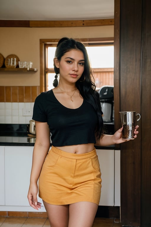  Lovely cute  acute an Instagram model 22 years old, full-length, long black_hair, black hair, winter, in indian messy dirty home indian, wearing decent lower and top, pony_tail standing in balacony with a cup of tea and biscuit full picture