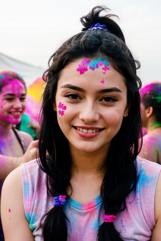  Lovely cute  acute an Instagram model 22 years old, full-length, long black_hair, black hair,  holi festival celebration with friends and colours, wearing clothes full of colours, pony_tail, hair_tied, colour on both cheeks, full face, clothes and hairs.