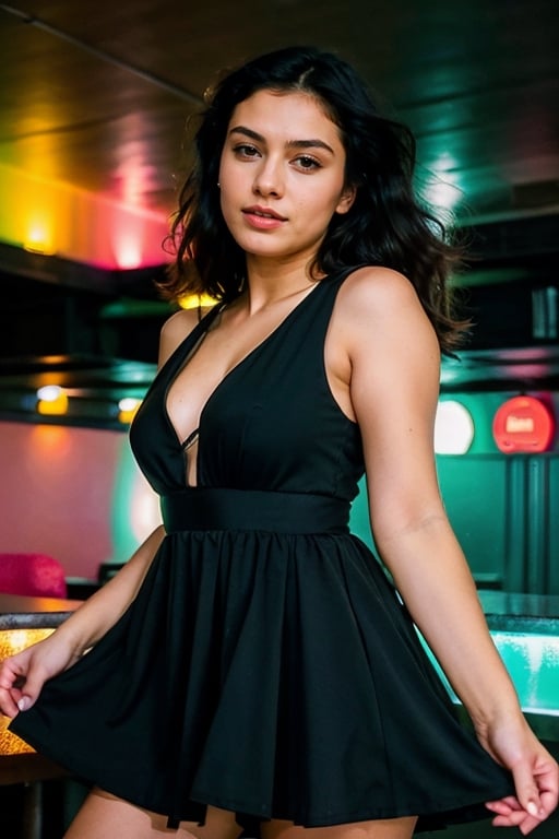 Confident Indian Instagram model dances amidst pulsating pub disco lights, her black hair flowing behind her as she effortlessly dances with friends in a modern setting of pub at night. wearing a party dress, dazzeling colorful  dress, delicate patterns on paperwork, matching with the vibrant brightness of the scene. Her dark hair adds depth and dimension against the colorful backdrop.