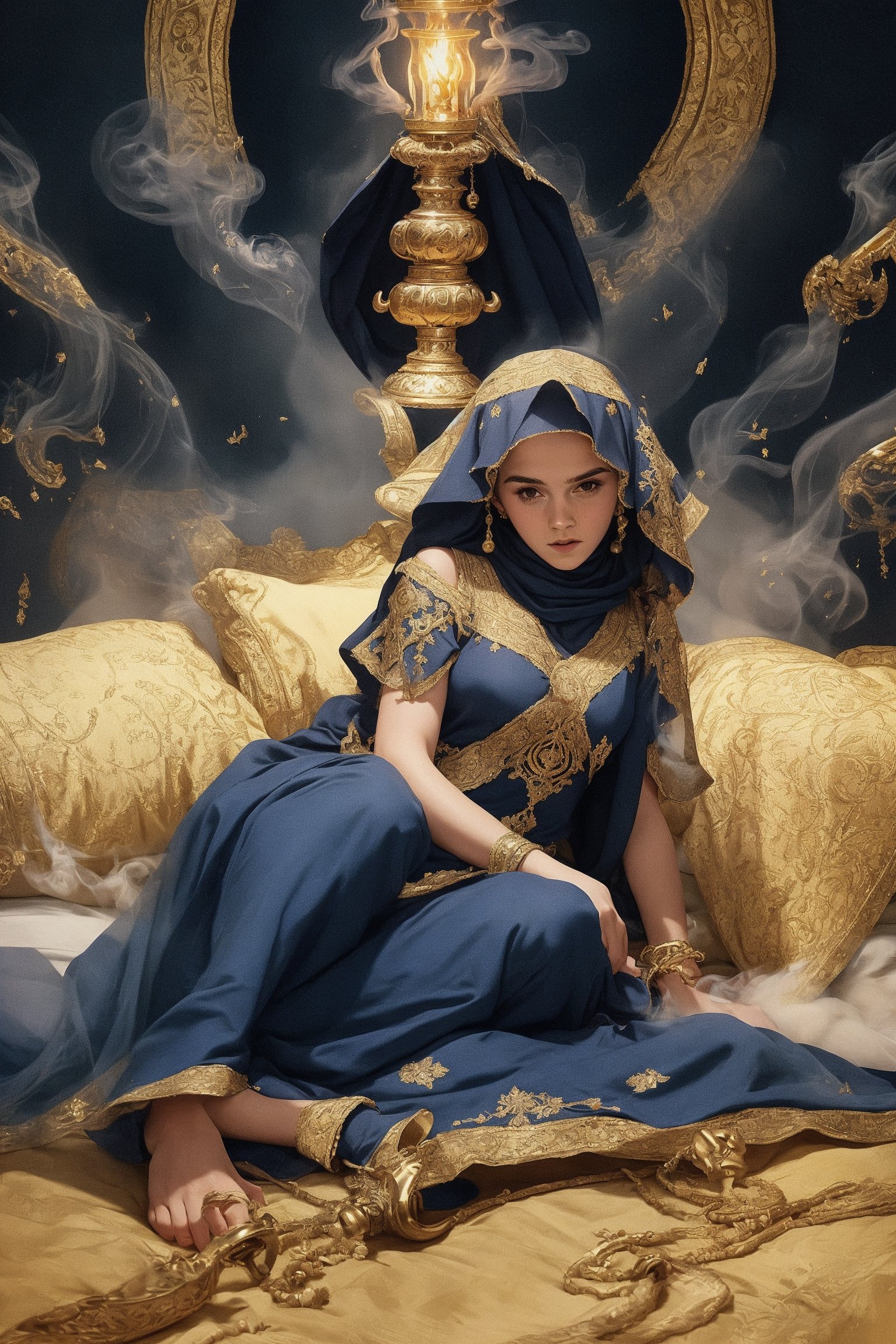 oil painting, young woman, ((Emma Watson, portrait, solo)), ((medieval Arabian harem)), pornstar, ((oil lamp, genie lamp, harem clothes, veil, hijab, pile of ornate pillows)), sweating. ((reclining)), away, long hair, hands on waist, ((hookah smoke curling around)), ((Djinn, smoke curling around ankles, legs transforming into smoke)),hourglass body shape