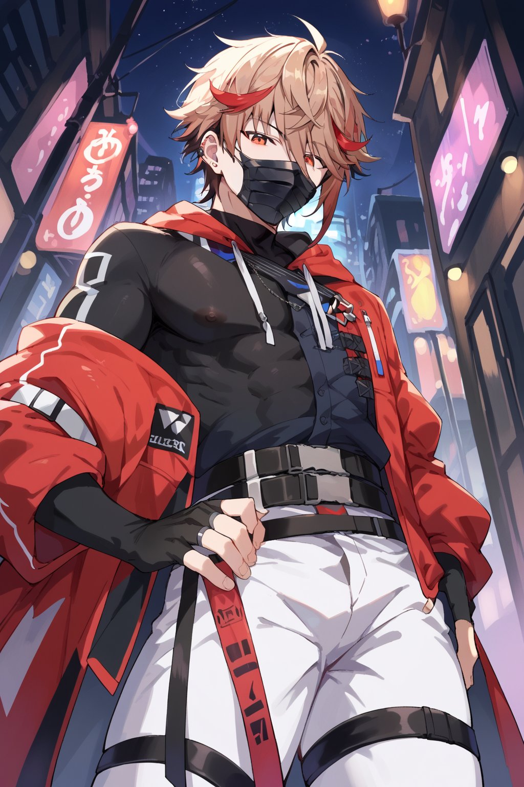 score_9, score_8_up, score_7_up, score_6_up, score_5_up, score_4_up, source_anime, rating_explicit, 1boy, male focus, solo, from below, close up, cowboy shot, looking at viewer, black mask, red jacket, black shirt, thigh strap, black belt, belt buckle, fingerless gloves, hand on hip, one hand holding knife, pants, street at night, midnight, seraph_dazzlegarden,multicolored hair, red hair, brown hair, red eyes, hair between eyes