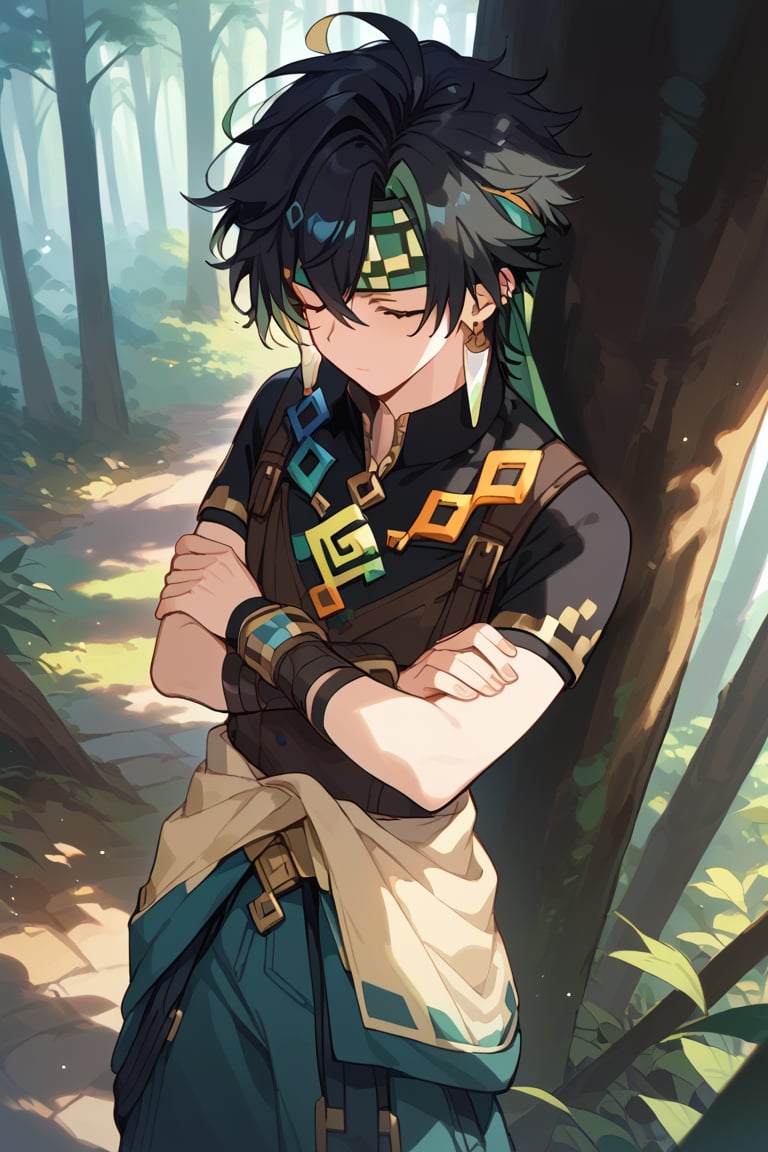 score_9, score_8_up, score_7_up, masterpiece, best quality, best aesthetic, source_anime, intricate details, 1boy, male focus, solo,black hair,green hair,multicolored hair,green eyes, earrings,headband,clothes around waist,baggy pants, short sleeves, dappled sunlight, forest, trees, leaves, from above, close up, closed eyes, crossed arms