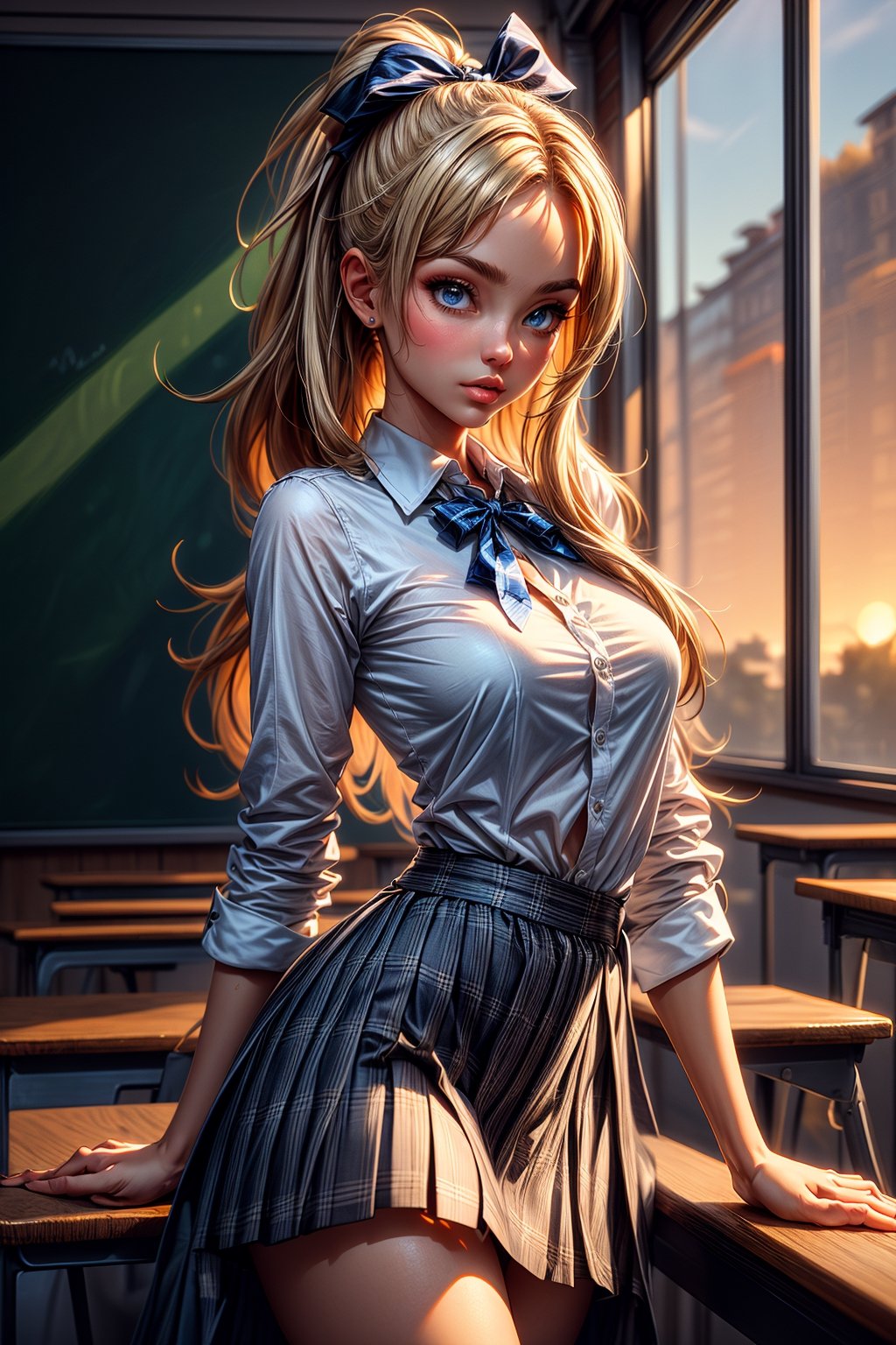 highly detailed, high quality, masterpiece, beautiful, (medium long short), 1girl, alone, german girl,schoolgirl,(open blue eyes, long blonde hair, athletic, sexy, ribbon in hair, white shirt, plaid skirt, classroom, detailed background, sunset.
