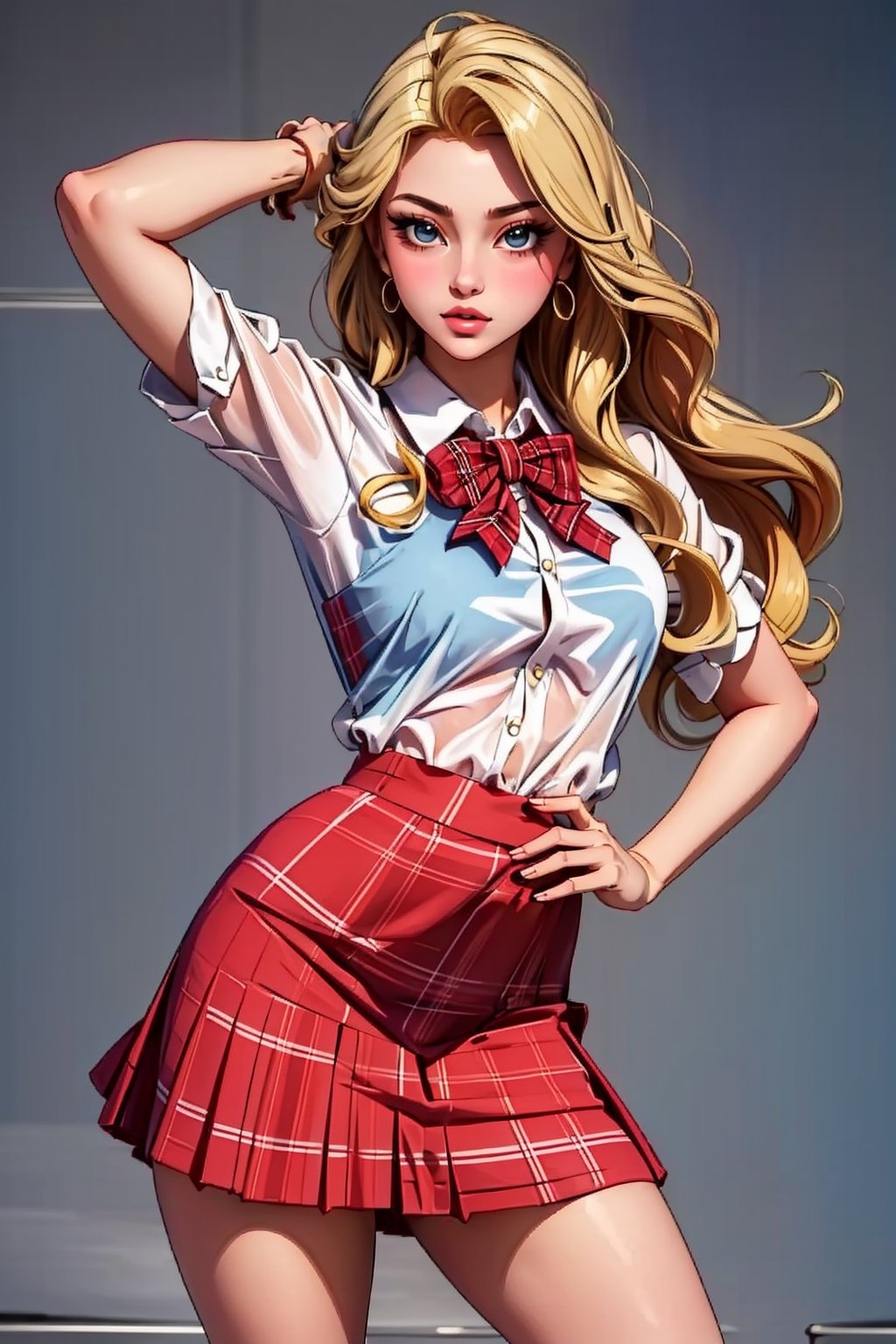 beautiful blonde girl, long hair, wears a high school uniform with a red plaid skirt and white blouse, poses like a super model in a elegant highschool.