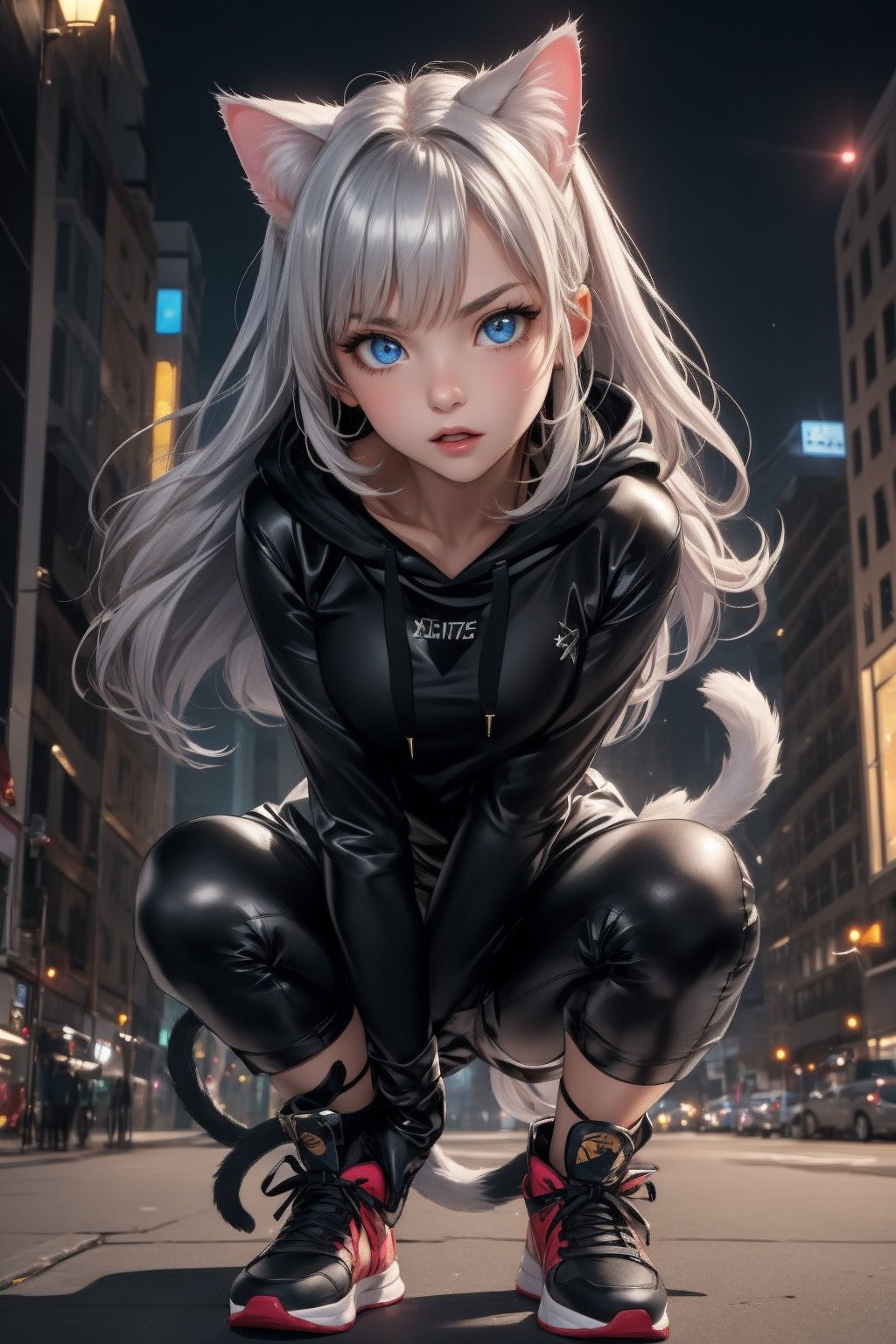 cute young and slim cat girl, of stunning beauty with dazzling blue eyes and full lips, long silver hair with cat ears and tail, ((she wears a tight black hoodie and black pants with sneakers, she has black gloves)). The high-quality portrait shows her in an attack position squatting on a building at night, it shows her with a serious and confident expression, trusting in her strength.
dazzling eyes,Sofy Cat