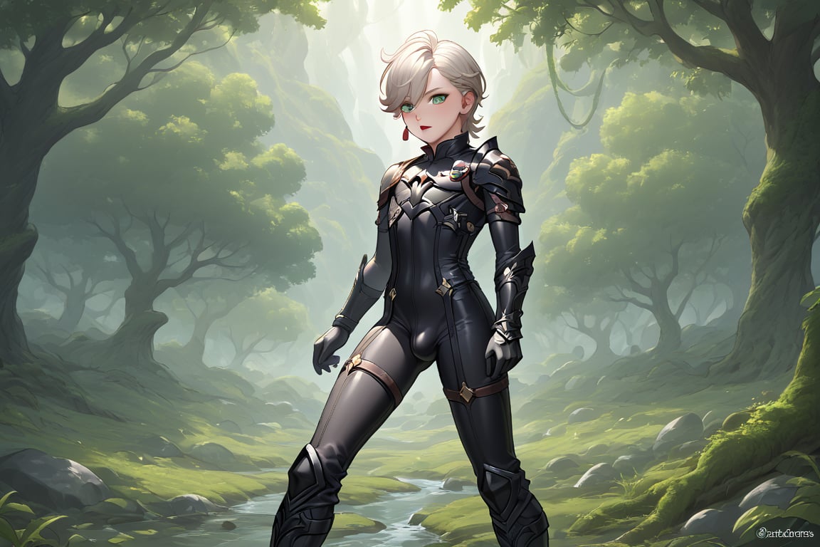 In a valley bathed in the warm glow of two setting suns on a distant planet, a young man with short grey hair and piercing green eyes, clad in a black bodysuit and rinoceros-shaped armor, dashes forth. His androgynous features are highlighted by high cheekbones and a subtle jawline as he grasps black globes containing a shotgun at the ready. The determined expression on his handsome face is set amidst mid-length hair blown back, revealing a glimpse of blonde locks beneath. Bulge-panted leather boots enhance his powerful yet agile appearance. Soft light lipstick adds a touch of sweetness to his sparkling green eyes, which seem to shine like the twin suns above.