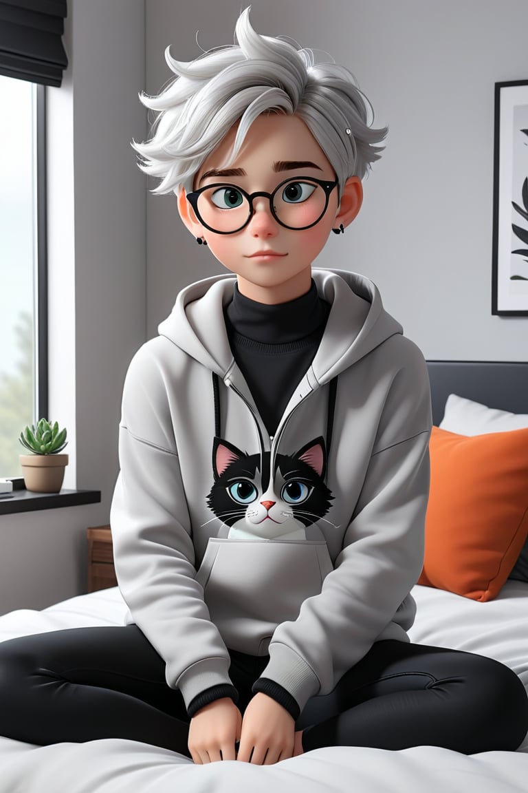 androgynous, young boy, with pale skin, Round eyeglasses, discreet masculine earrings, short hair color black, wearing a light gray hoodie and black tight lycra leggings, Loafers, 3d animated style, with his black furry cat They both rest comfortably on the bed in the modern-looking and decorated bedroom before work in the laptop,