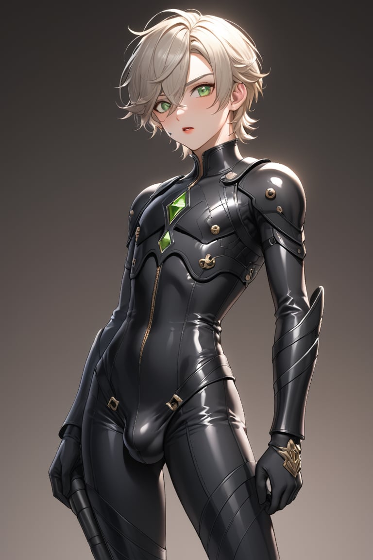 In a valley bathed in the warm glow of two setting suns on a distant planet, a young man with short grey hair and piercing green eyes, clad in a black bodysuit and rinoceros-shaped armor, dashes forth. His androgynous features are highlighted by high cheekbones and a subtle jawline as he grasps black globes containing a shotgun at the ready. The determined expression on his handsome face is set amidst mid-length hair blown back, revealing a glimpse of blonde locks beneath. Bulge-panted leather boots enhance his powerful yet agile appearance. Soft light lipstick adds a touch of sweetness to his sparkling green eyes, which seem to shine like the twin suns above.