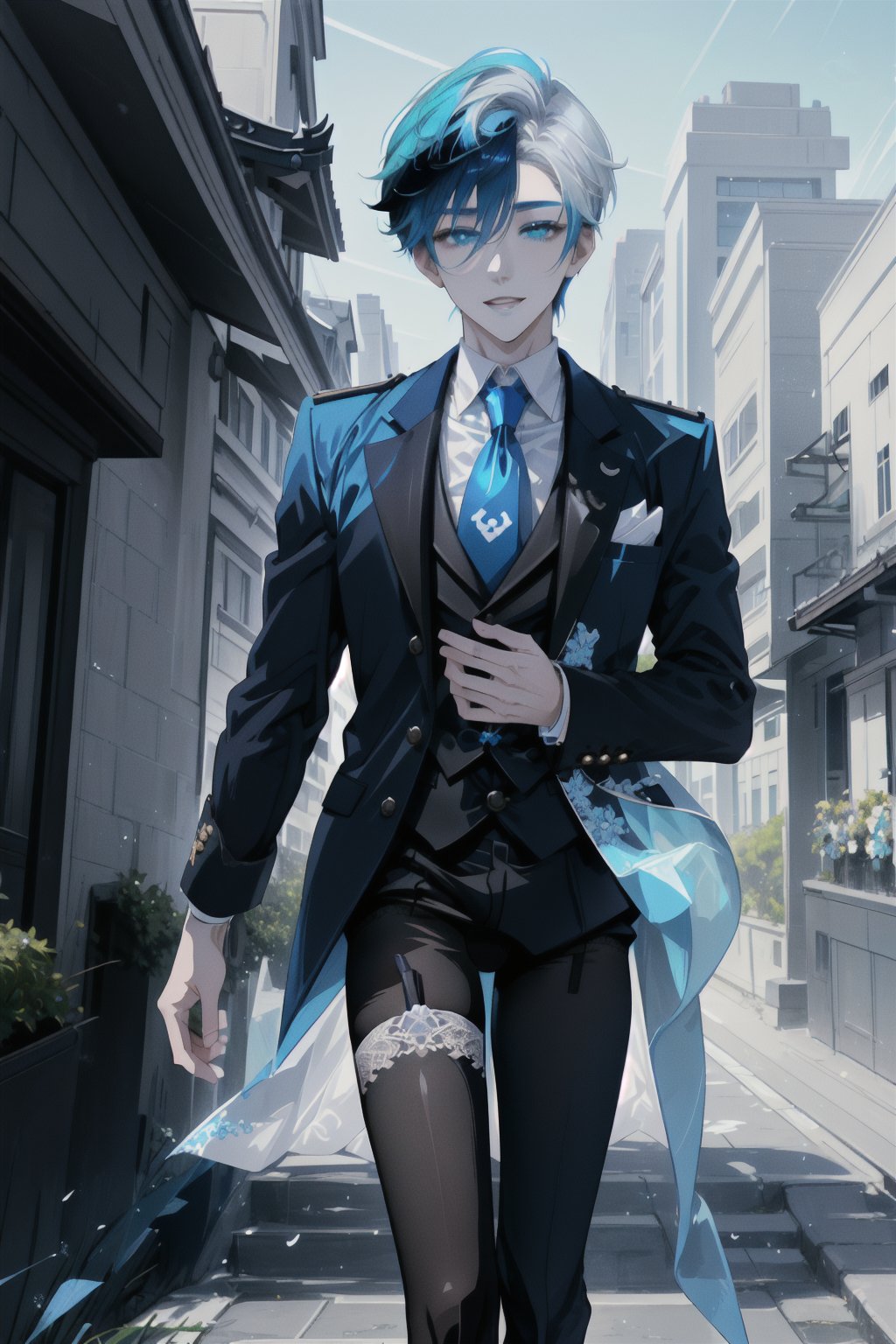 A shot framed to capture the joyous stride of an 18-year-old androgynous boy. cyan hair with white streak, His pale skin glistens in the soft afternoon light, as short steel gray hair frames his heartwarming smile. A crisp white shirt with a bold blue tie adds a touch of elegance, while black silk thigh-highs add a sense of edgy sophistication. The subject walks confidently down the middle of the street, surrounded by the hum of city life, yet lost in their own thoughts of happiness and freedom.,otoko_no_ko, pantyhose