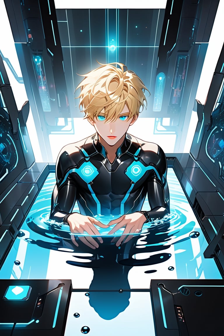 In Rebooting Life, a soft glow illuminates the futuristic laboratory setting, where vaulted white walls and a large pool of liquid converge to create a clinical atmosphere. An android boy, with piercing emerald eyes and delicate pink accents on his nose, lips, and knees, floats one meter above the floor, his mechanical form glowing softly blue as extensions emerge from his limbs, harmonizing with his synthetic body. In the background, a curious blond-haired human boy peeks out from behind an assembly module, captivated by the android's intricate composition.