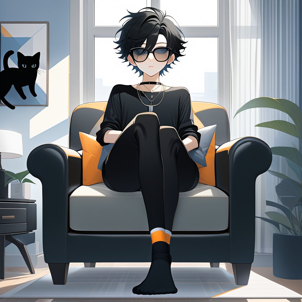 androgynous slim boy, necklace, wearing black pantys and high-thights socks, short black hair, pale skin, eyewear, sit with with her legs raised supported by her graceful arms and the tips of her feet up in a armchair, inside in a modern bedroom and fluffy black cat rest in window,

