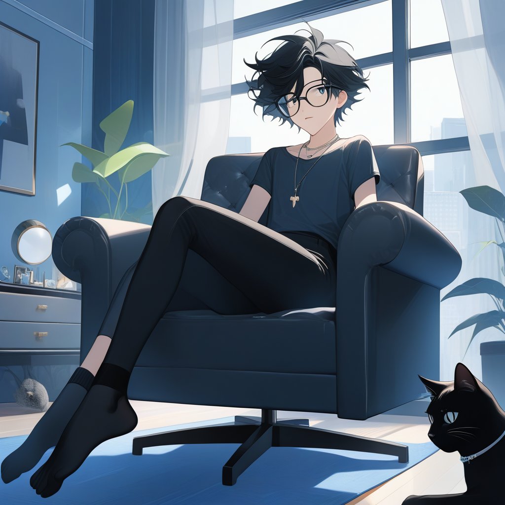 androgynous slim boy, necklace, wearing black pantys and high-thights socks, short black hair, pale skin, eyewear, sit with with her legs raised supported by her graceful arms and the tips of her feet up in a armchair, inside in a modern bedroom and fluffy black cat rest in window,

