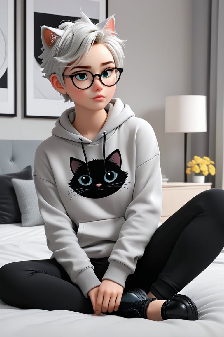 androgynous, young boy, with pale skin, Round eyeglasses, discreet masculine earrings, short hair color black, wearing a light gray hoodie and black tight lycra leggings, Loafers, 3d animated style, with his black furry cat They both rest comfortably on the bed in the modern-looking and decorated bedroom before work in the laptop,