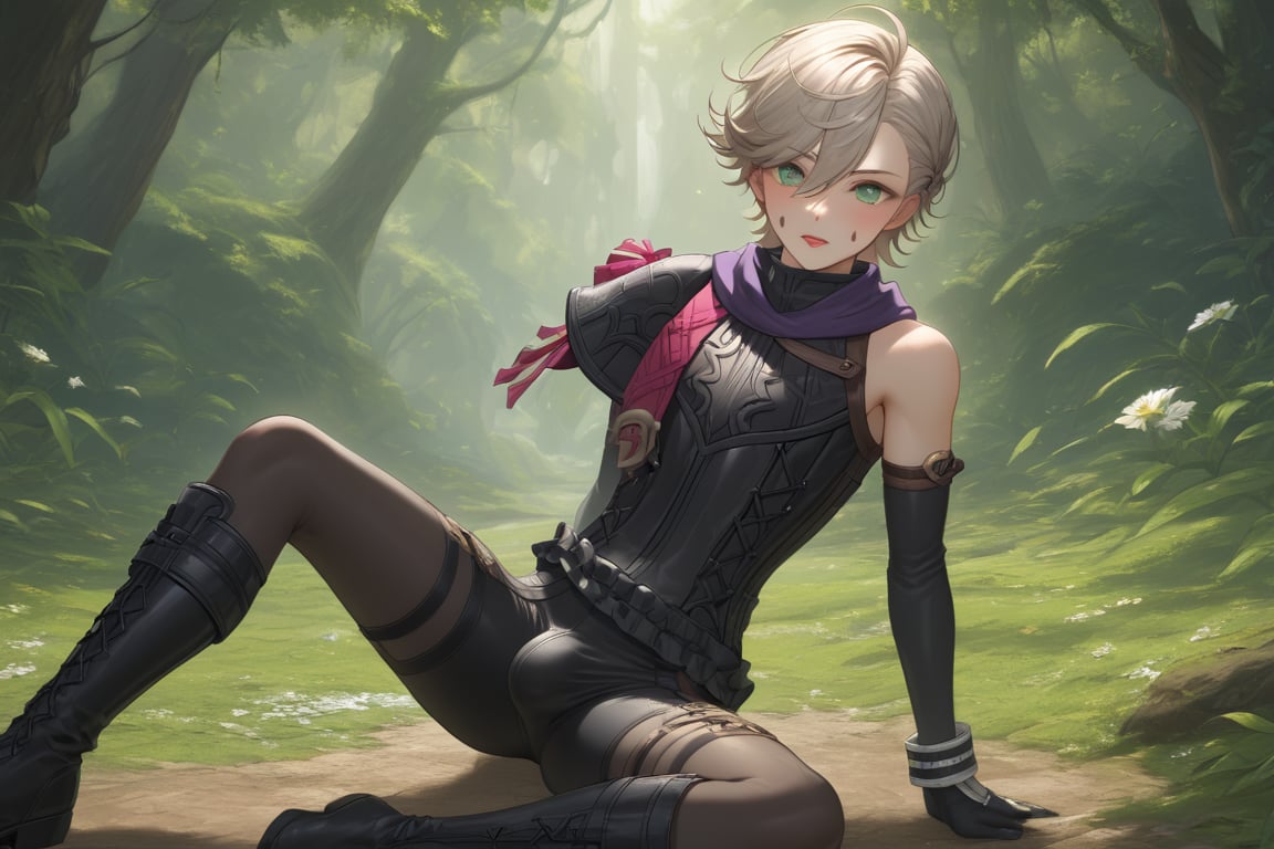 In a valley bathed in the warm glow of two setting suns on a distant planet, a young man with short grey hair and piercing green eyes, clad in a black bodysuit and rinoceros-shaped armor, dashes forth. His androgynous features are highlighted by high cheekbones and a subtle jawline as he grasps black globes containing a shotgun at the ready. The determined expression on his handsome face is set amidst mid-length hair blown back, revealing a glimpse of blonde locks beneath. Bulge-panted leather boots enhance his powerful yet agile appearance. Soft light lipstick adds a touch of sweetness to his sparkling green eyes, which seem to shine like the twin suns above.