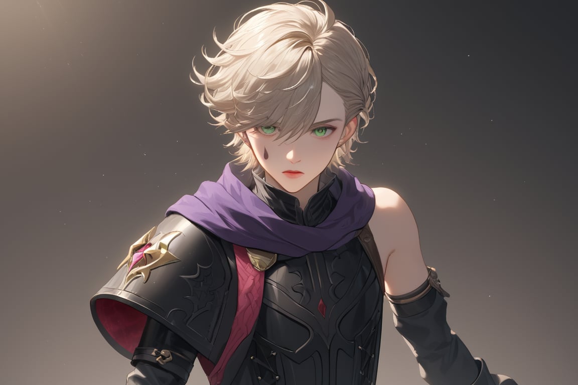 In a valley bathed in the warm glow of two setting suns on a distant planet, a young man with short grey hair and piercing green eyes, clad in a black bodysuit and rinoceros-shaped armor, dashes forth. His androgynous features are highlighted by high cheekbones and a subtle jawline as he grasps black globes containing a shotgun at the ready. The determined expression on his handsome face is set amidst mid-length hair blown back, revealing a glimpse of blonde locks beneath. Bulge-panted leather boots enhance his powerful yet agile appearance. Soft light lipstick adds a touch of sweetness to his sparkling green eyes, which seem to shine like the twin suns above.