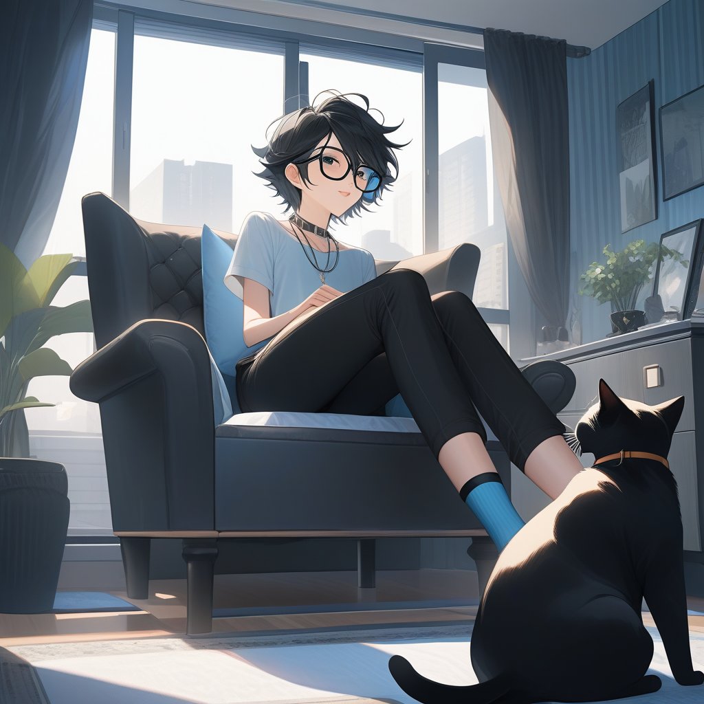 androgynous slim boy, necklace, wearing black pantys and high-thights socks, short black hair, pale skin, eyewear, sit with with her legs raised supported by her graceful arms and the tips of her feet up in a armchair, inside in a modern bedroom and fluffy black cat rest in window,

