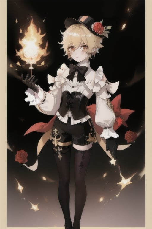 Lyney (genshin impact), boy with black and shiny high tights, black gloves, androgynous boy, top hat magician, soft and skinny body, white skin, rose cheeks and nose, short cut blonde hair, Full body shot, victorian corset with shorts and white sleeves tight on the forearms, doing a magician show with fire cards and a bow, Silly cat, highres,boy ,1boy,1guy