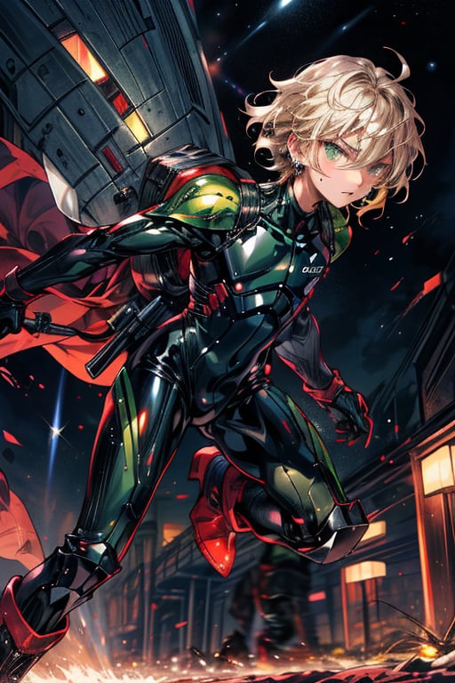 In a distant two-suns planet's alien valley, a young man with short grey hair and piercing green eyes, donning a rinoceros-shaped armor and black bodysuit, dashes forth. His androgynous features are accentuated by high cheekbones and a subtle jawline. He grasps black globes that hold a shotgun at the ready, his handsome face set in a determined expression. Mid-length hair blows back as he runs, revealing a glimpse of blonde locks beneath. Bulge-panted leather boots make him look both powerful and agile. Light lipstick adds a touch of sweetness to his pretty eyes, which seem to sparkle like the twin suns above.